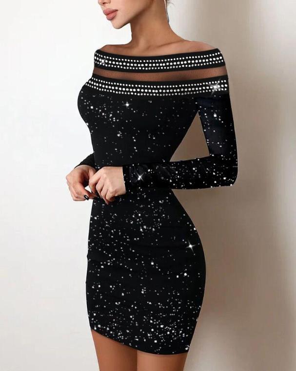 Sexy Party Night Out Dresses For Women 2022 Autumn Plain Black Off Shoulder Long Sleeve Contrast Lace Glitter Bodycon Mini Dress