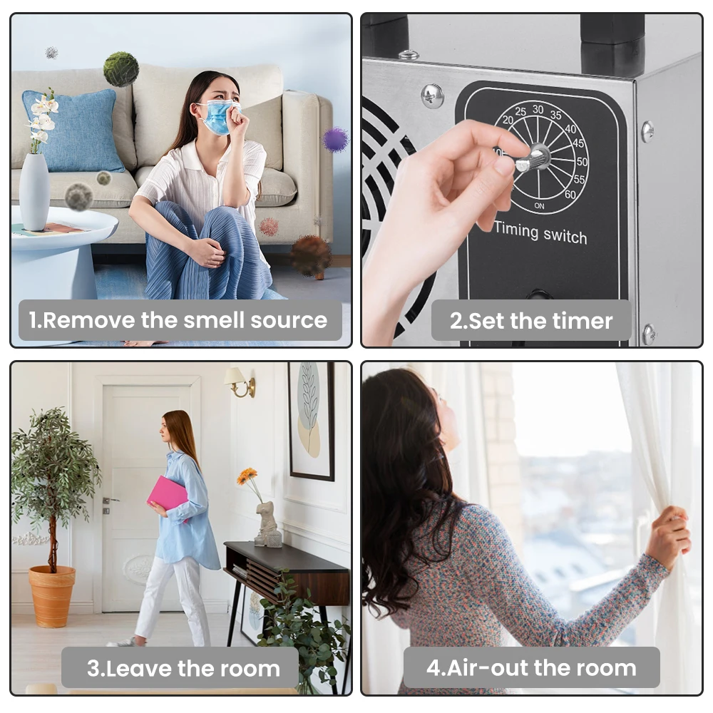 Ozone Air Purifier Portable O3 Ozoniser with Timing Button for Car Garages Home Hotels Kitchen and Pets Cleaning Odours